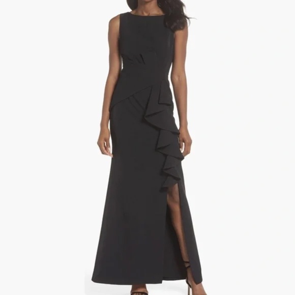 Eliza J - Ruffle-Front Gown in Black - Picture 1 of 12
